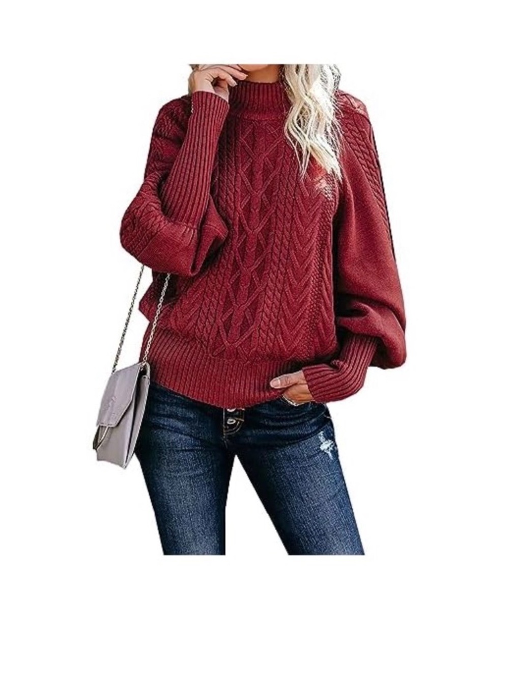 Cozy Cable Knit Turtleneck Sweater - Burgundy